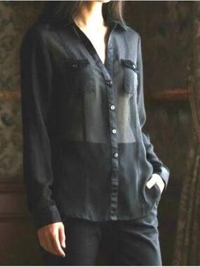 Cache Sheer Black Button-Up Blouse
